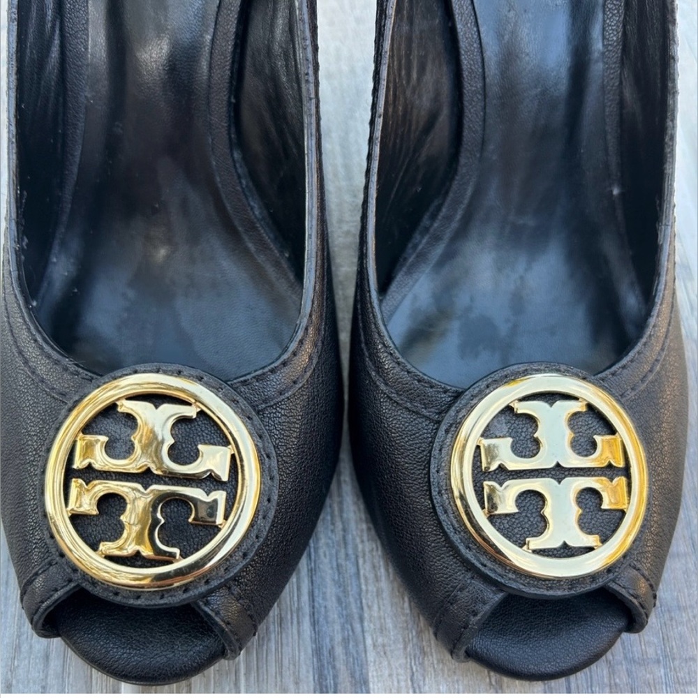 Tory Burch Black Wedges Gold Emblem Heels Size 6